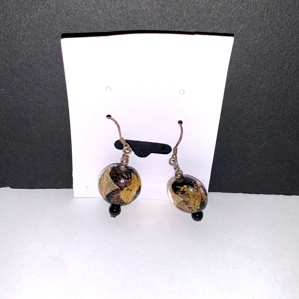 Bold and beautiful black gold and white glass bead hook dangle earrings
